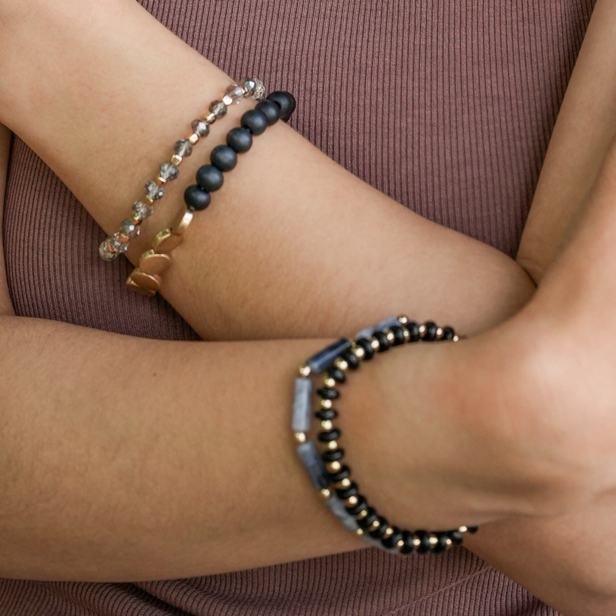 4 Layered Beaded Bracelets - Mint, Ivory, Denim Blue, Black-Wyo-Horse