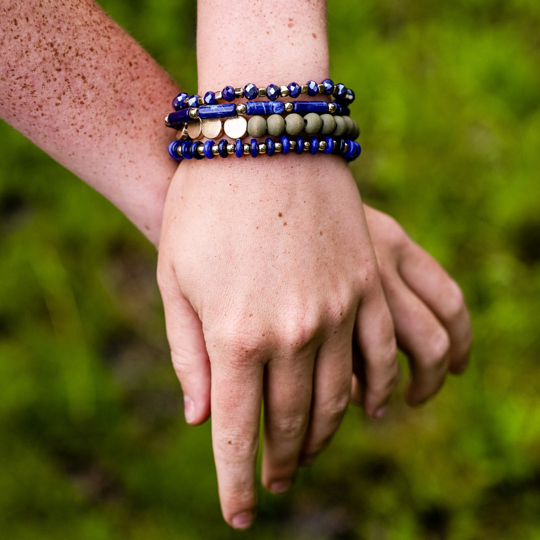 4 Layered Beaded Bracelets - Mint, Ivory, Denim Blue, Black-Wyo-Horse