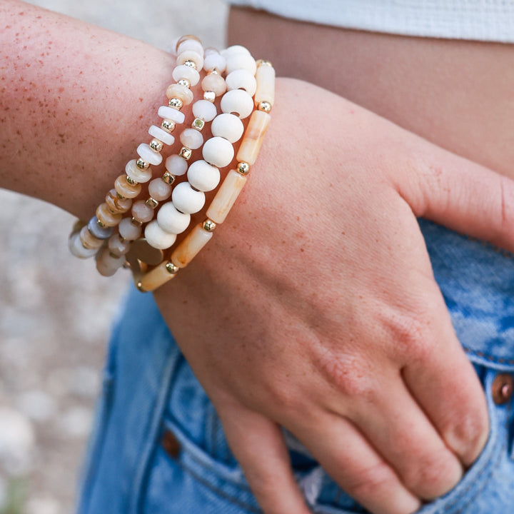 4 Layered Beaded Bracelets - Mint, Ivory, Denim Blue, Black-Wyo-Horse