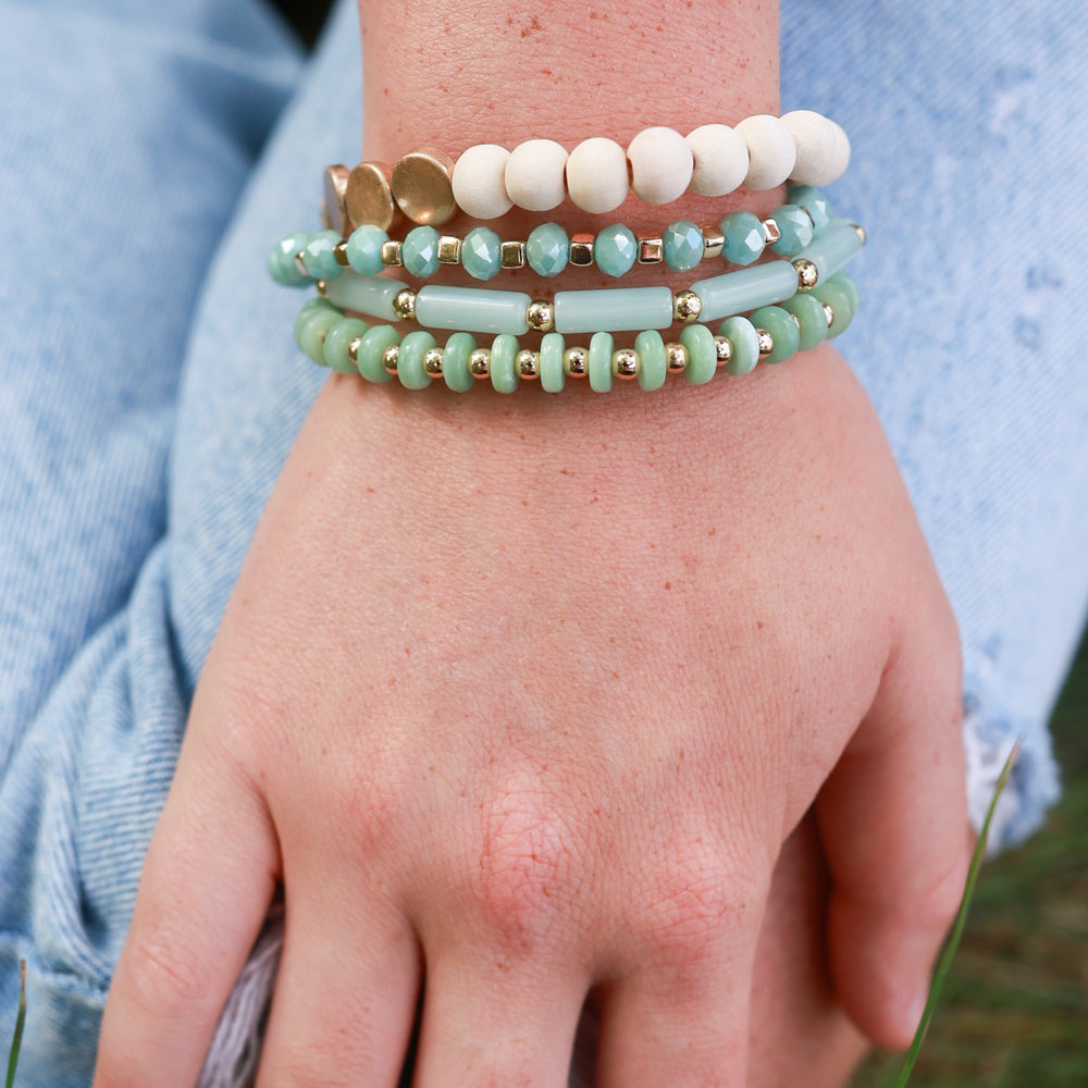 4 Layered Beaded Bracelets - Mint, Ivory, Denim Blue, Black-Wyo-Horse