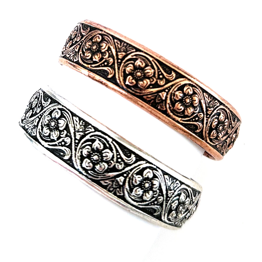 Wyo-Horse Wholesale Western Fashion Jewelry -Medium-Metal-Carved-Floral-Cuff-Silver-or-Copper
