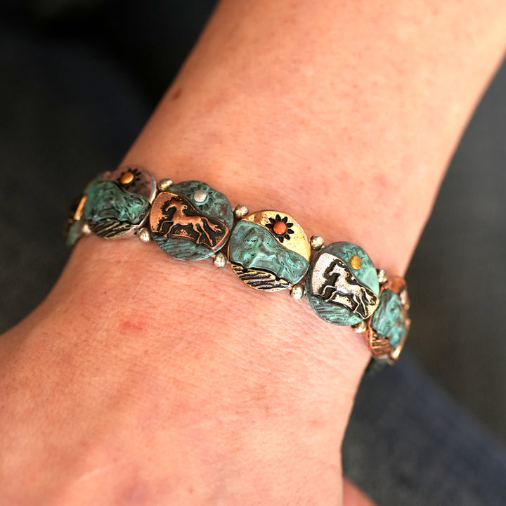 Colored Horsescape Bracelet - Two-Tone or Patina - Wyo-Horse - cheap cowgirl western fashion jewelry