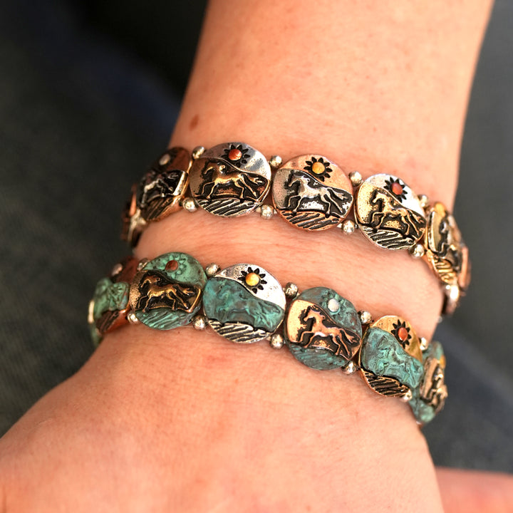 Colored Horsescape Bracelet - Two-Tone or Patina - Wyo-Horse - cheap cowgirl western fashion jewelry