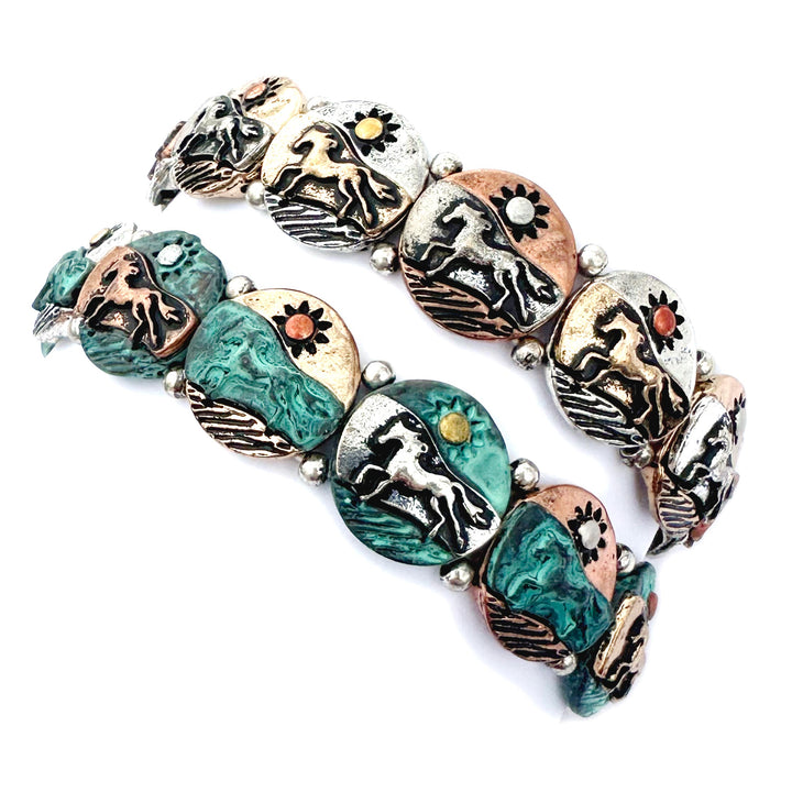 Colored Horsescape Bracelet - Two-Tone or Patina - Wyo-Horse - cheap cowgirl western fashion jewelry