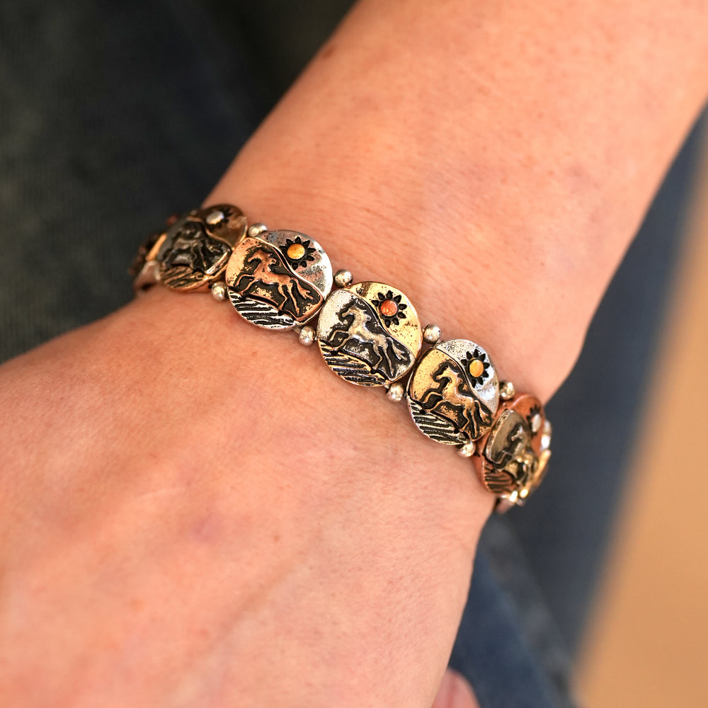 Colored Horsescape Bracelet - Two-Tone or Patina - Wyo-Horse - cheap cowgirl western fashion jewelry