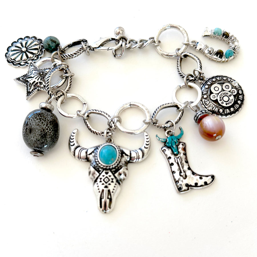 Steer Skull Charm Bracelet - Wyo-Horse - cheap cowgirl western fashion jewelry