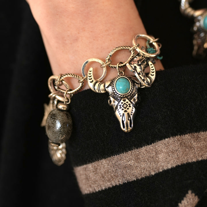 Steer Skull Charm Bracelet - Wyo-Horse - cheap cowgirl western fashion jewelry