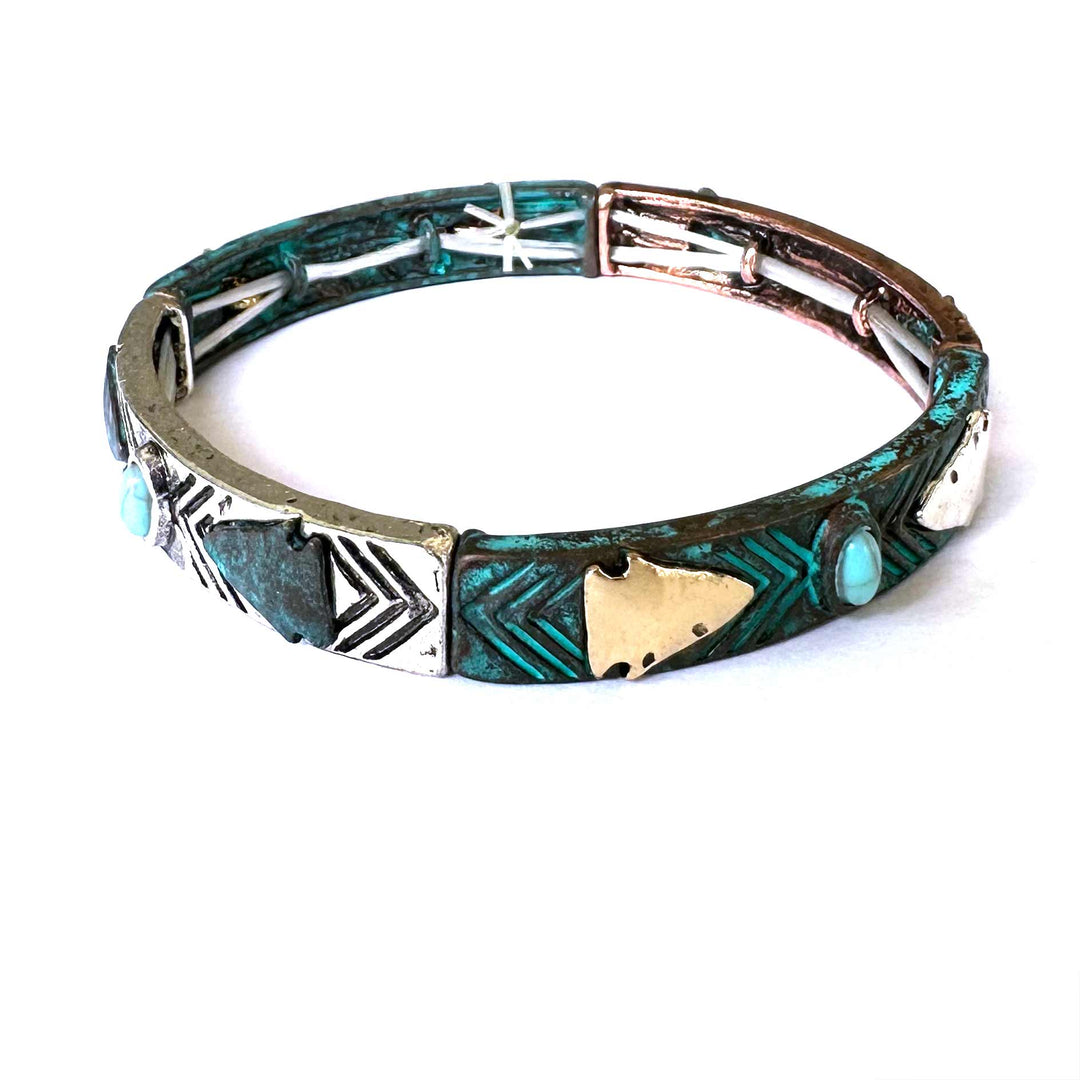 Stretch Arrow Bracelet with Turquoise- Two Tone, Silver or Patina - Wyo-Horse - cheap cowgirl western fashion jewelry
