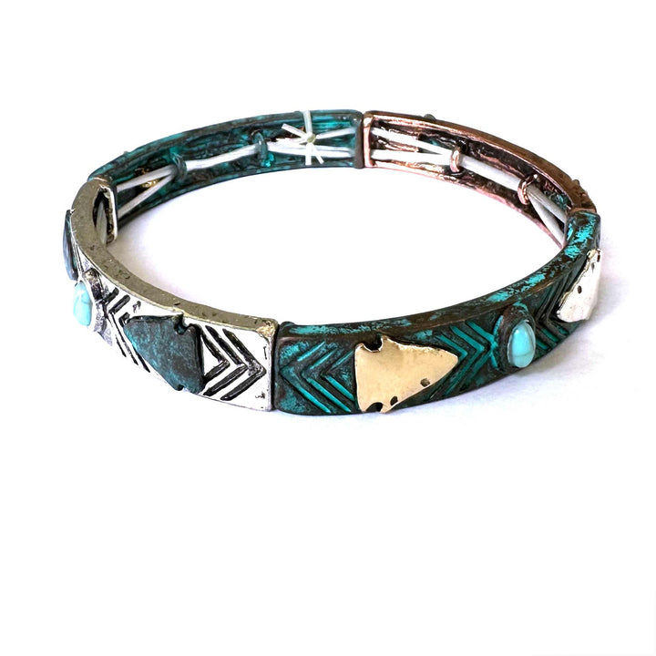 Stretch Arrow Bracelet with Turquoise- Two Tone, Silver or Patina - Wyo-Horse - cheap cowgirl western fashion jewelry