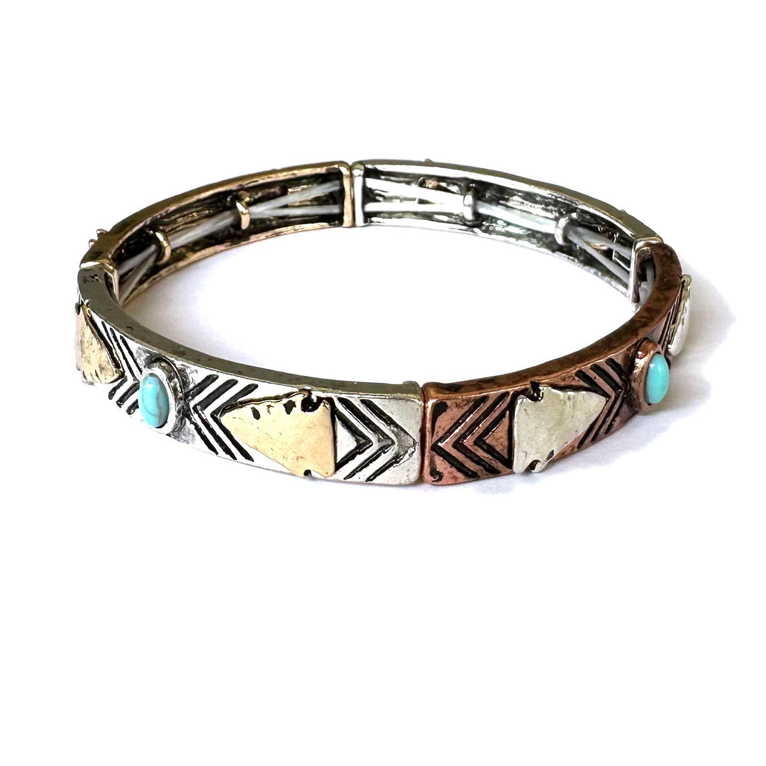 Stretch Arrow Bracelet with Turquoise- Two Tone, Silver or Patina - Wyo-Horse - cheap cowgirl western fashion jewelry