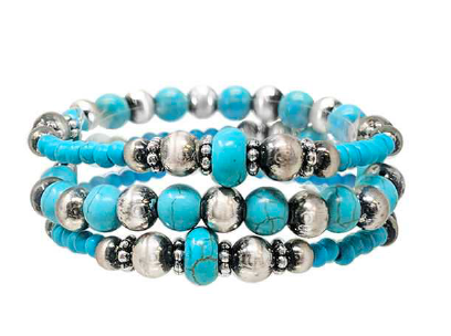 Triple Turquoise and Silver Stretch Bracelets - Wyo-Horse - cheap cowgirl western fashion jewelry