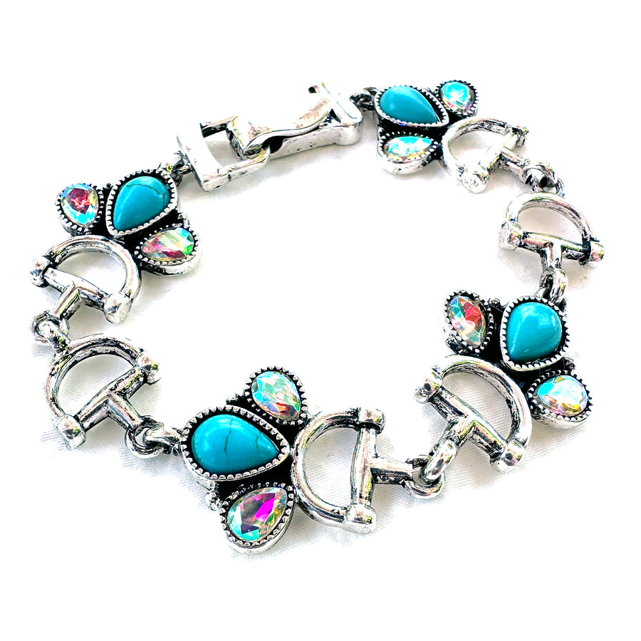 Snaffle Bit Bracelet with Turquoise and AB Stones - Wyo-Horse - cheap cowgirl western fashion jewelry