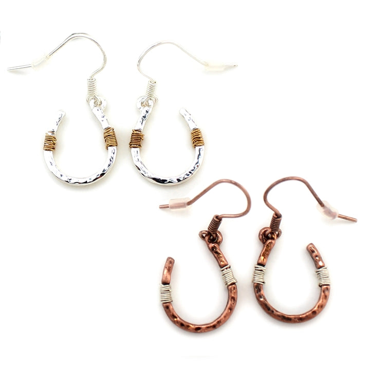 Wire Wrapped Horseshoe Earrings - Silver, Patina or Copper -