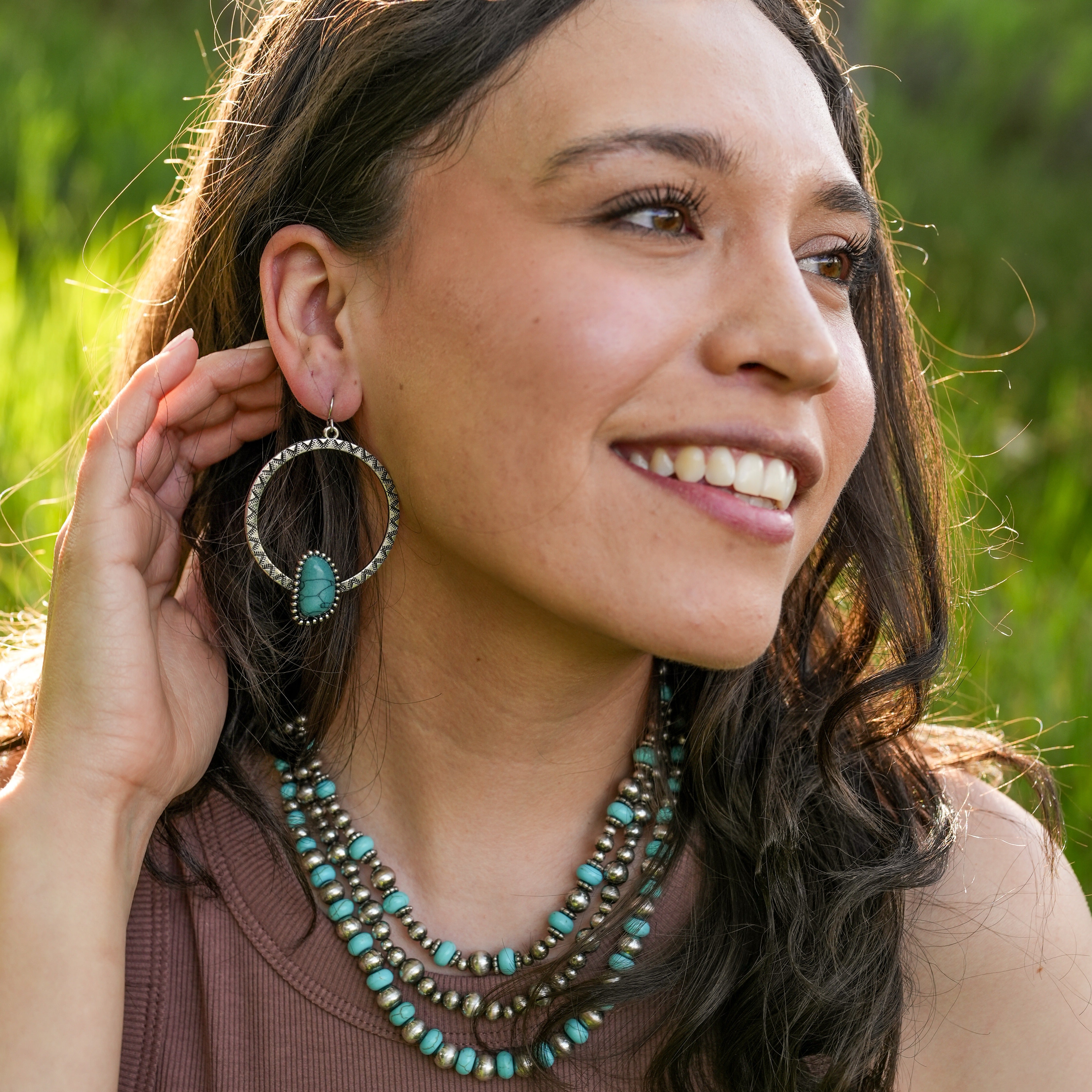 Asymmetrical Hopi Hoop Earrings - Turquoise, Coral and Natural
