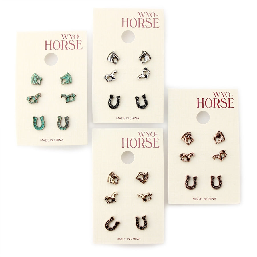 Set of Three Horse Earrings - Copper, Patina, Gold or Silver