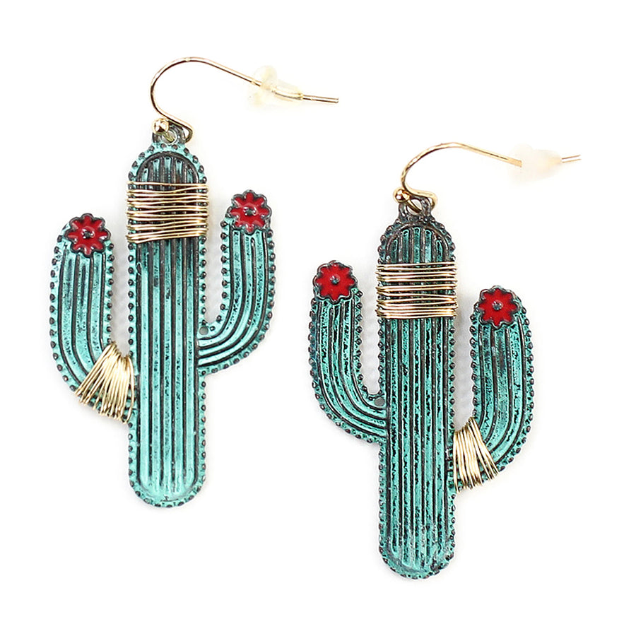 Wire Wrapped Patina Saguaro Cactus Earrings