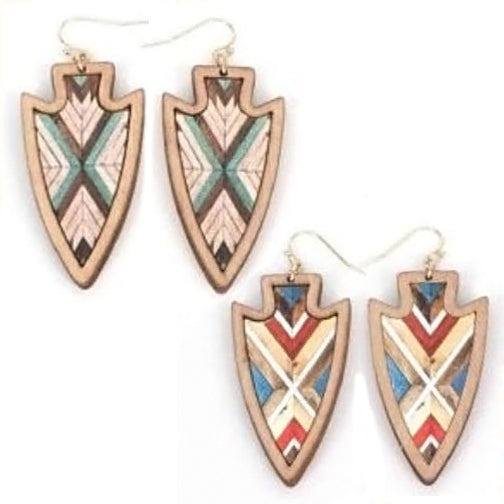 Arrowhead Chevron Wood Earrings - Natural and Red