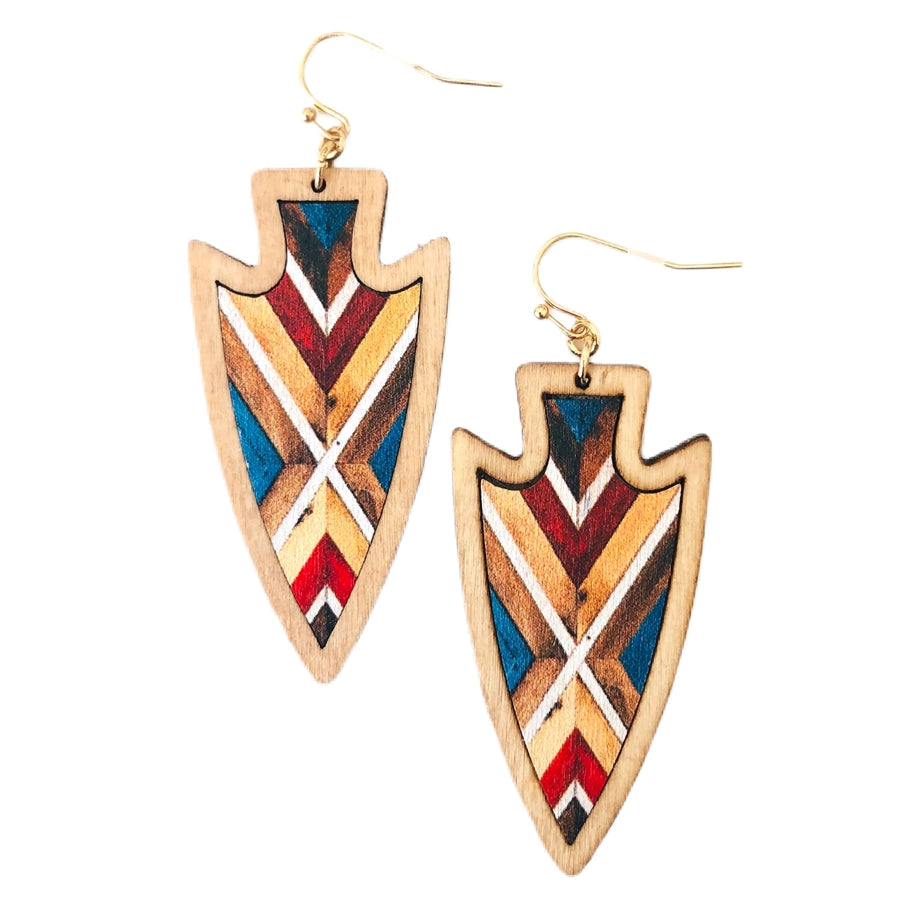 Arrowhead Chevron Wood Earrings - Natural and Red