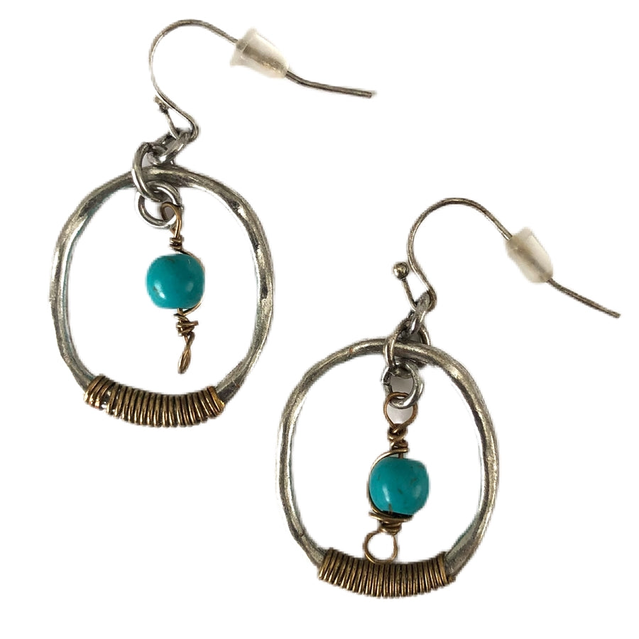 Oval with Turquoise Drop Earrings - Patina