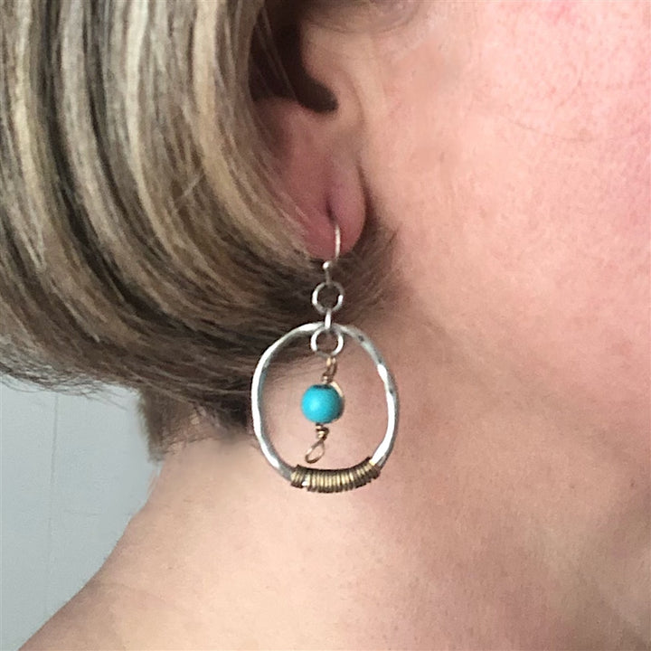 Oval with Turquoise Drop Earrings - Patina