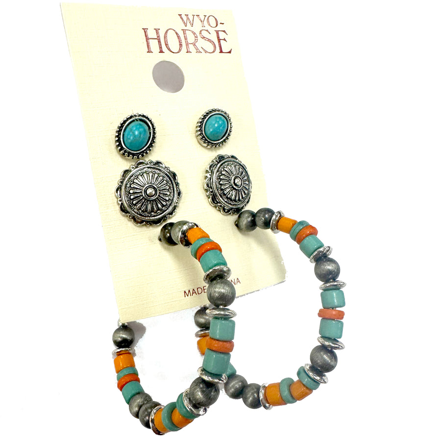 Set of Three Western Conch Earrings with Beaded Hoops