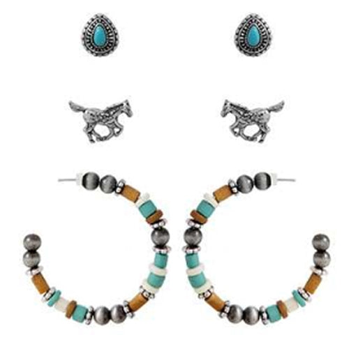 Set of Three Horse Earrings with Beaded Hoops