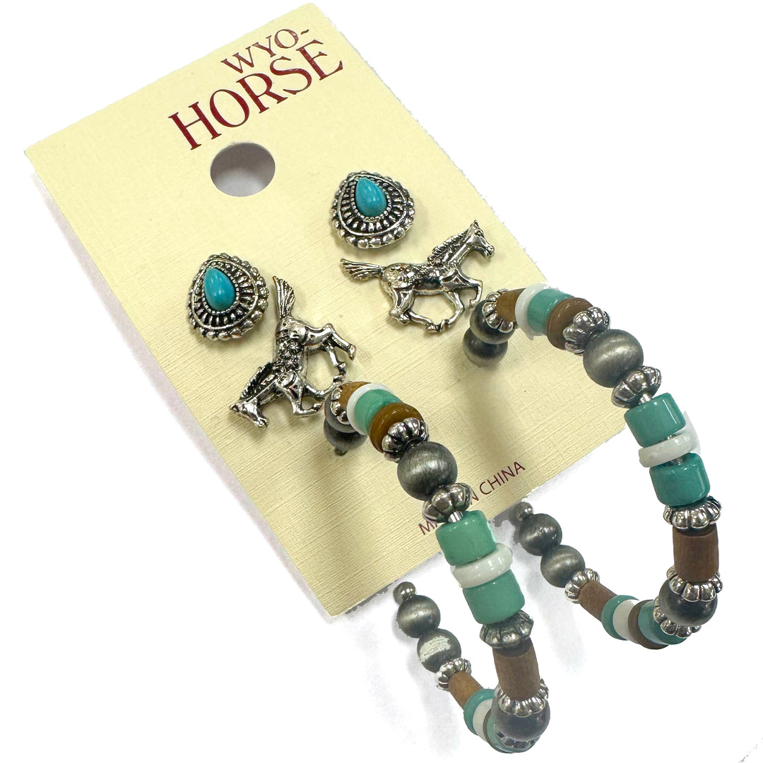 Set of Three Horse Earrings with Beaded Hoops