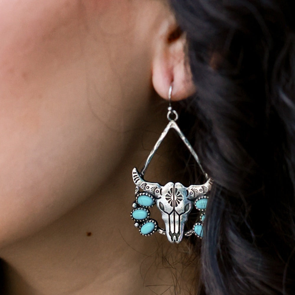 Embellished Steer Skull and Turquoise Earrings