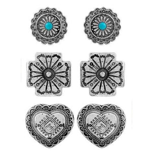 Set of Three Pair of Western Stud Concho Earrings Set