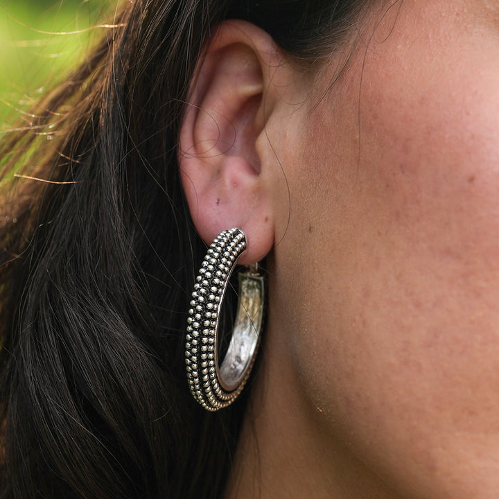 Dotted Silver Hoop Earrings