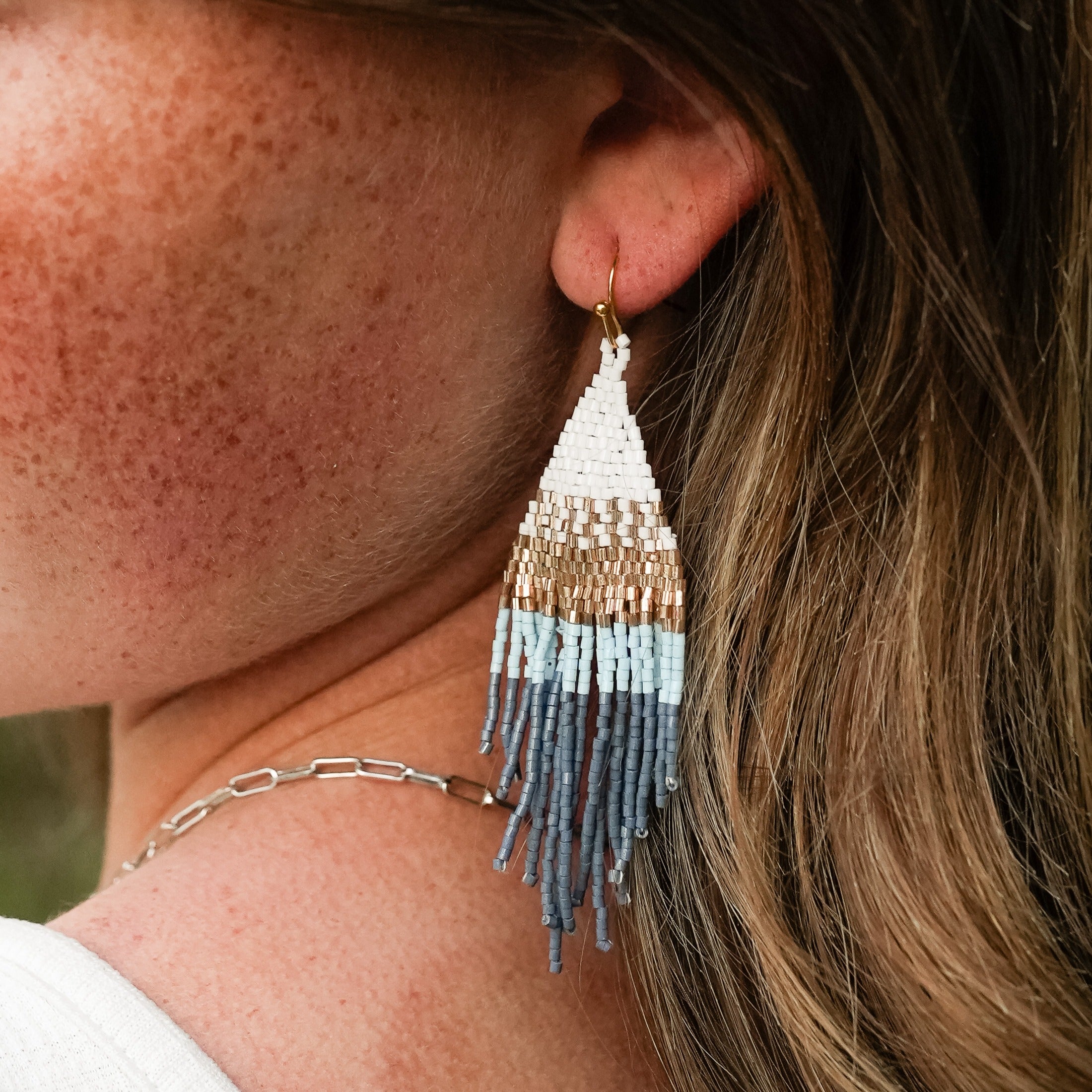 Soft Seed Bead Diamond Fringe Earrings-Blue, Mint, Beige or Peach