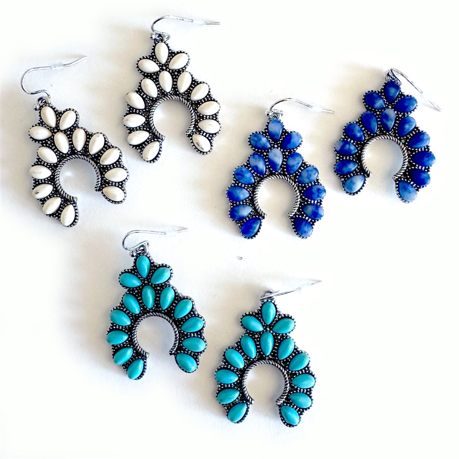 Stone Set Squash Blossom Earrings - Ivory, Turquoise and Denim Blue