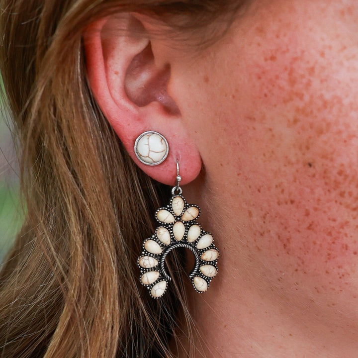 Stone Set Squash Blossom Earrings - Ivory, Turquoise and Denim Blue
