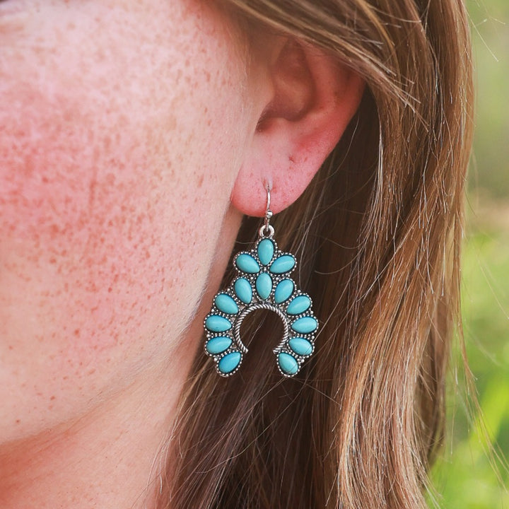 Stone Set Squash Blossom Earrings - Ivory, Turquoise and Denim Blue