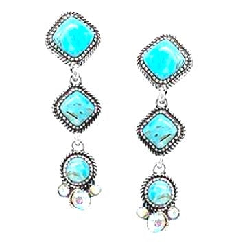 3 Cascading Stone Earrings with Rhinestones - Turquoise