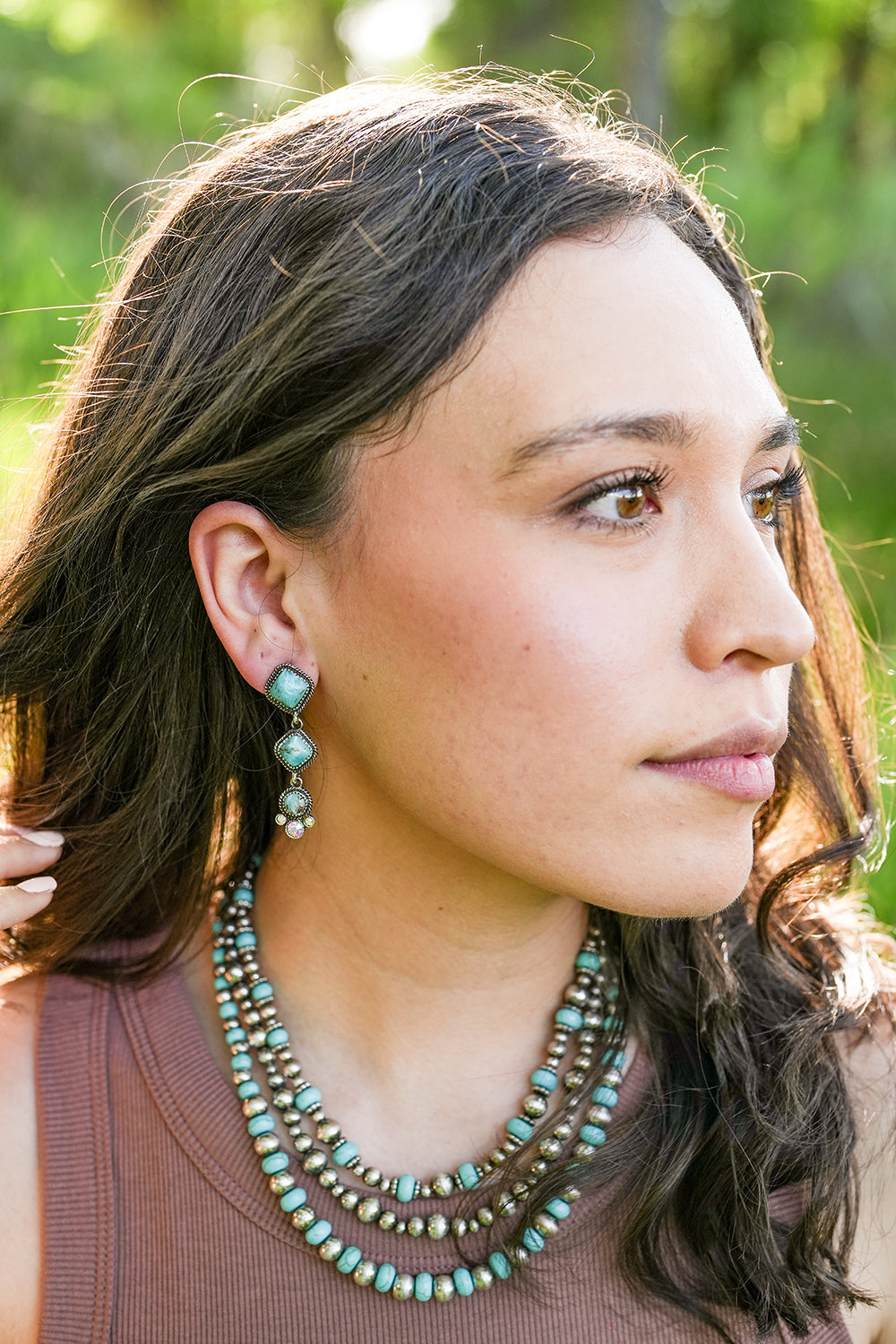 3 Cascading Stone Earrings with Rhinestones - Turquoise