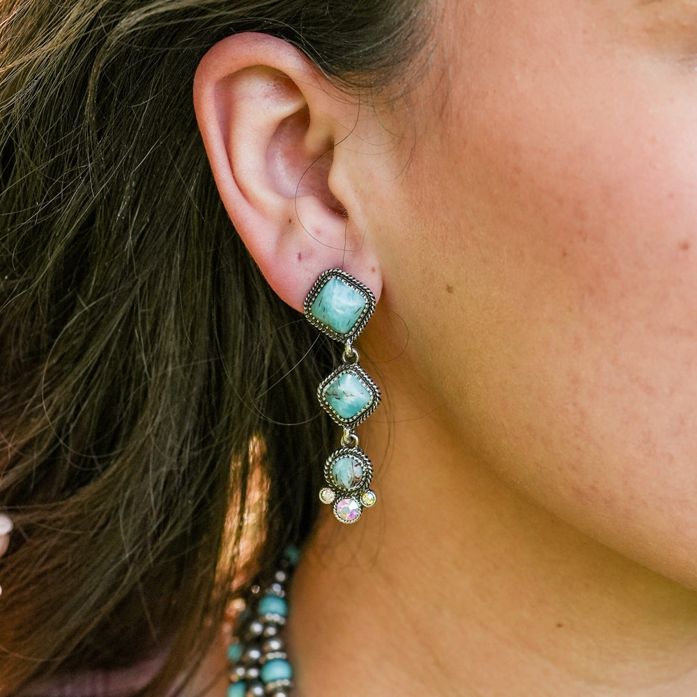 3 Cascading Stone Earrings with Rhinestones - Turquoise
