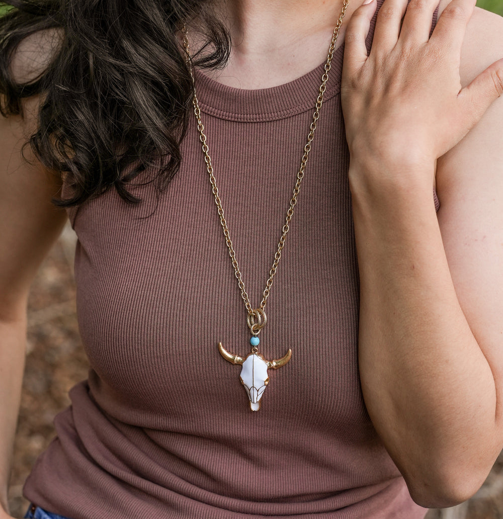 White Enamel Steer Skull Necklace & Earring Set- Silver or Gold-Wyo-Horse
