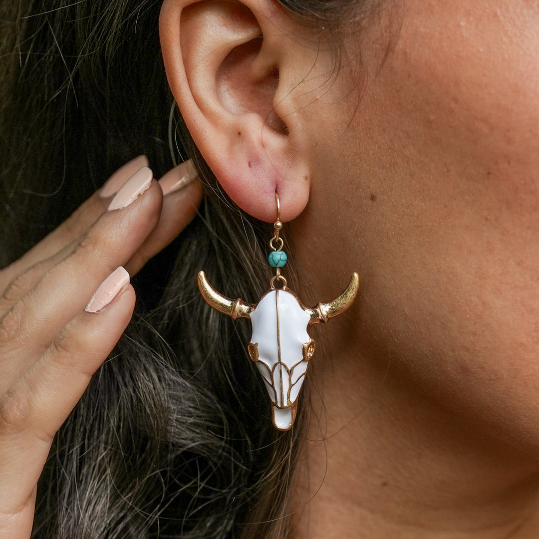 White Enamel Steer Skull Earrings - Silver or Gold