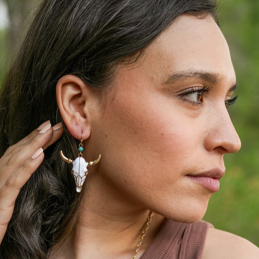 White Enamel Steer Skull Earrings - Silver or Gold