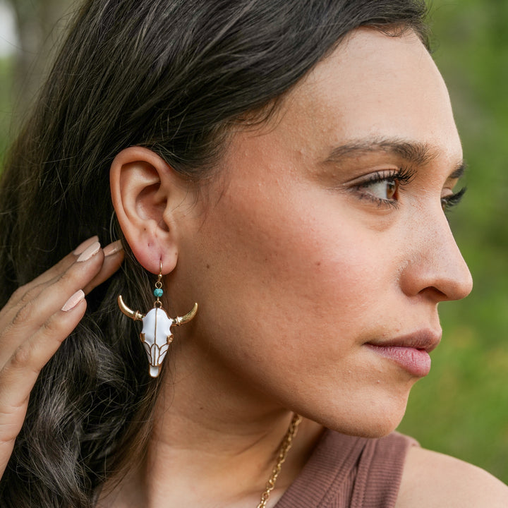 White Enamel Steer Skull Earrings - Silver or Gold