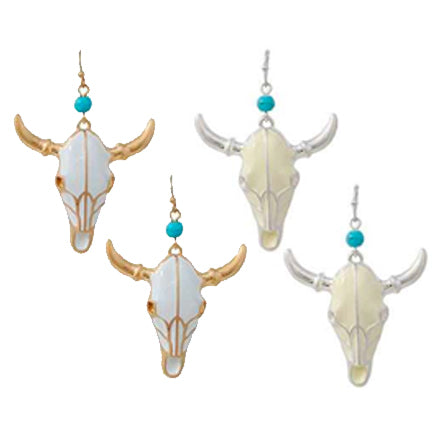 White Enamel Steer Skull Earrings - Silver or Gold