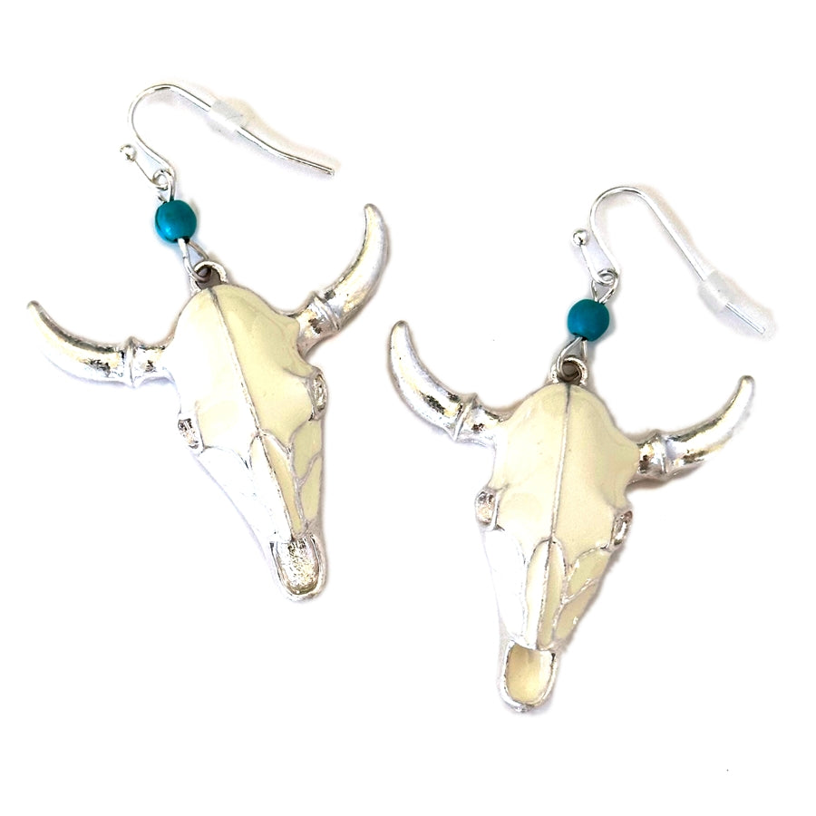 White Enamel Steer Skull Earrings - Silver or Gold