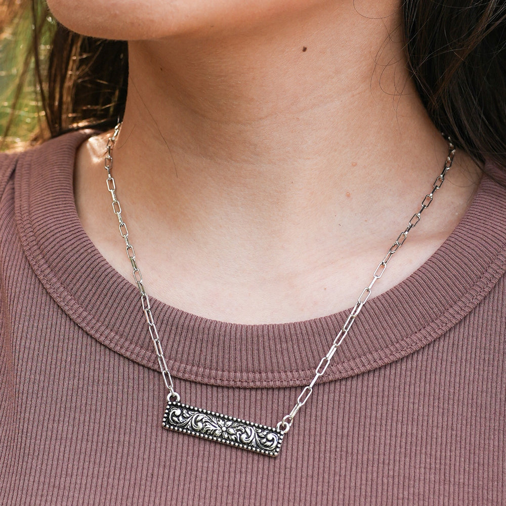 Tooled Western Bar Necklace-Wyo-Horse