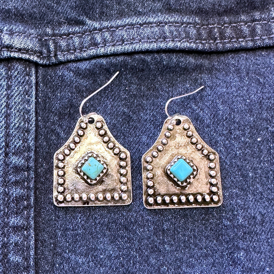 Silver Cowtag with Turquoise Diamond Earrings