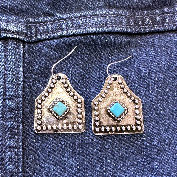 Silver Cowtag with Turquoise Diamond Earrings