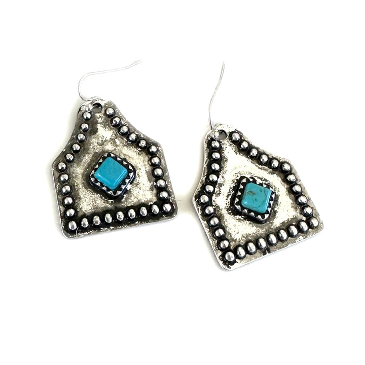 Silver Cowtag with Turquoise Diamond Earrings