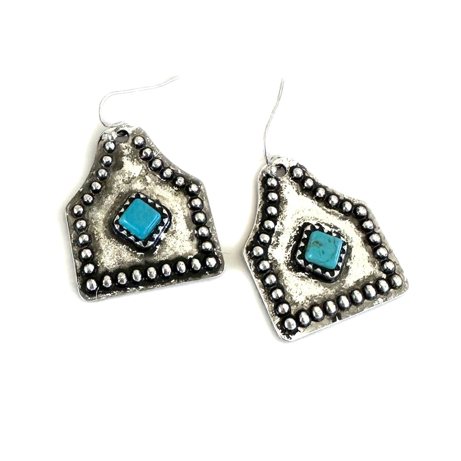 Silver Cowtag with Turquoise Diamond Earrings