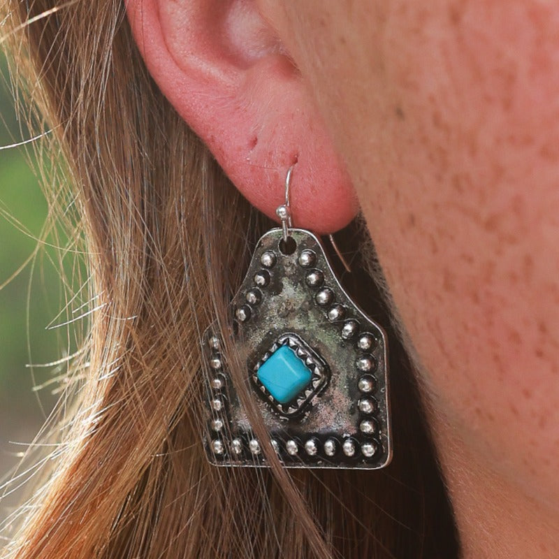 Silver Cowtag with Turquoise Diamond Earrings
