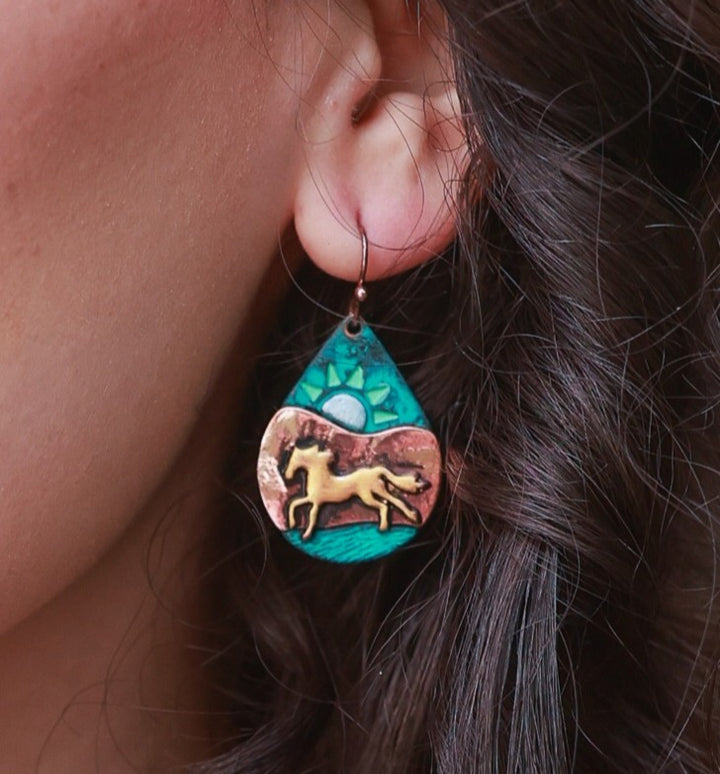 Colored Horsescape Earrings - Patina or Two Tone